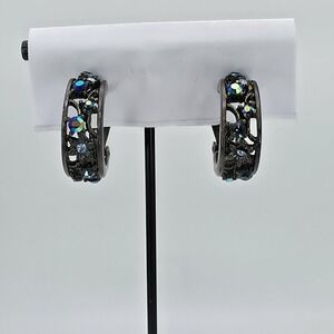 Vtg GIVENCHY ¾ Hoop Earrings Clip-On Gunmetal Gray Blue Aurora Borealis Crystals